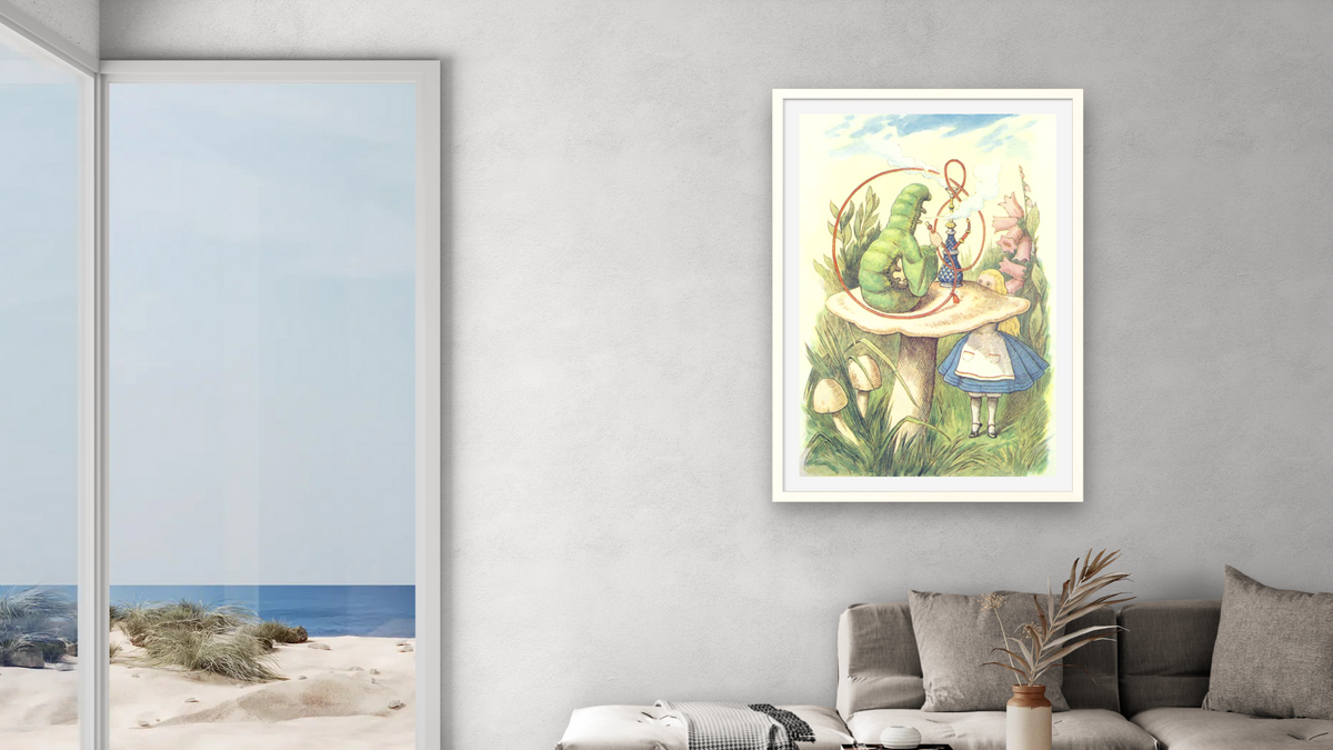 Alice Meets the Caterpillar, illustration from 'Alice in Wonderland' by Lewis Carroll by John Tenniel, shown at 28 × 42 in (71.1 × 106.7 cm) in Ramino Opaque White, living