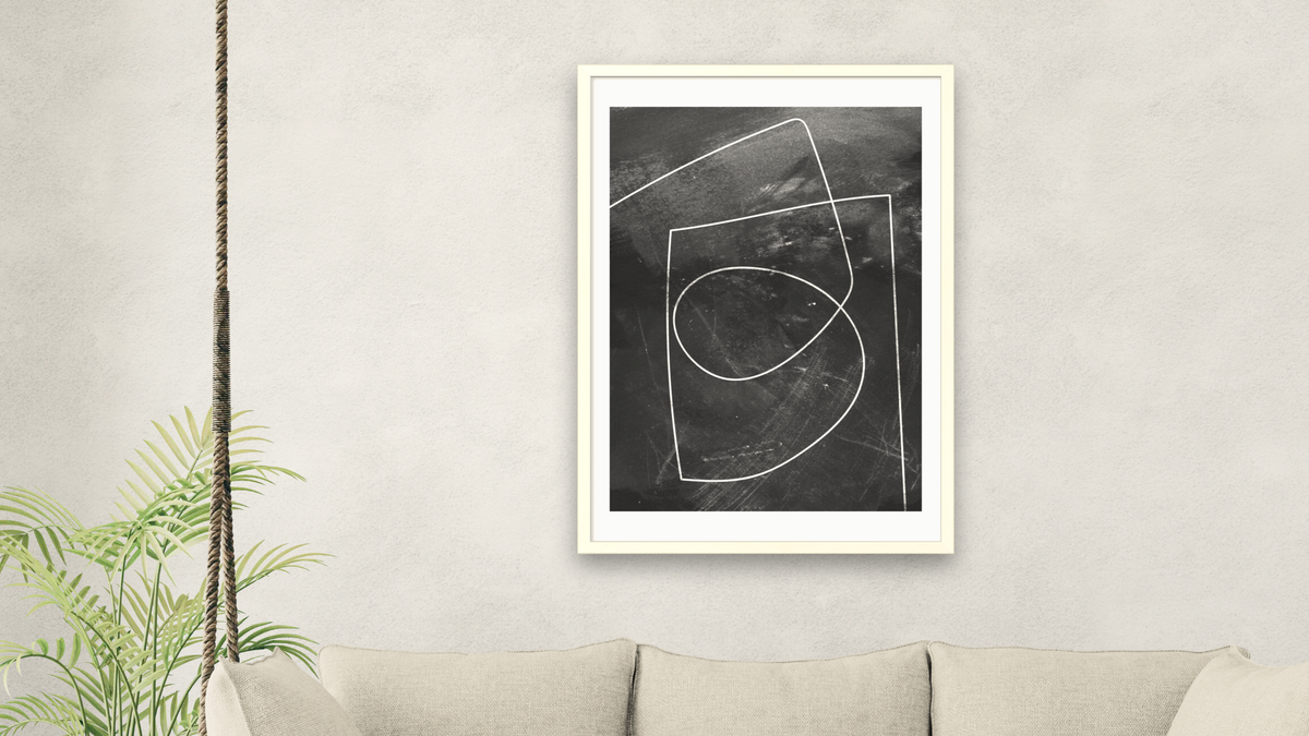 Minimal Line 1 by Dan Hobday, shown at 28 × 42 in (71.1 × 106.7 cm) in Ramino Opaque White, living