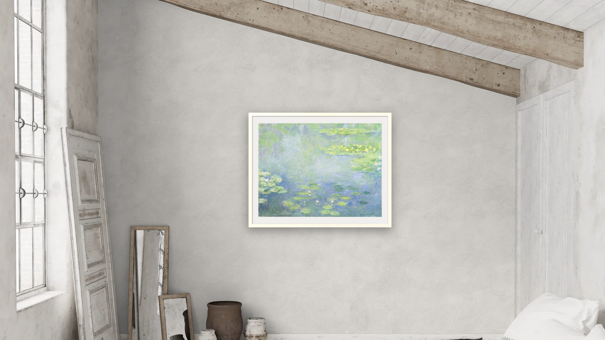 Waterlilies by Claude Monet, shown at 32 × 40 in (81.3 × 101.6 cm) in Ramino Opaque White, bedroom