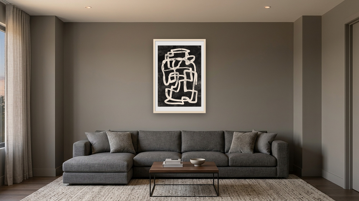 Mono Strokes 3 by Dan Hobday, shown at 28 × 42 in (71.1 × 106.7 cm) in Ramino Opaque White, media room