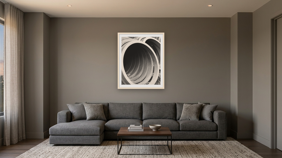 Locomotive Tires by Gordon Osmundson, shown at 32 × 40 in (81.3 × 101.6 cm) in Ramino Opaque White, media room