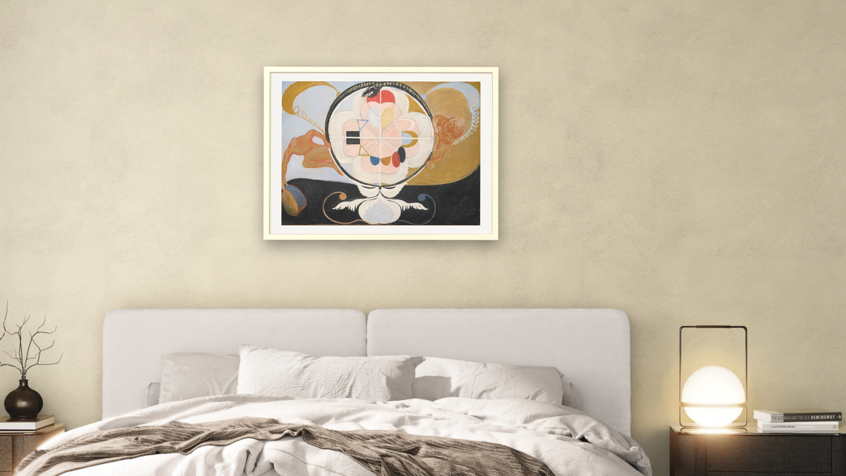 Group VI, No. 13, Evolution by Hilma af Klint, shown at 30 × 40 in (76.2 × 101.6 cm) in Ramino Opaque White, bedroom