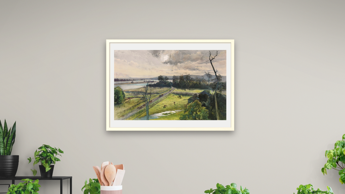 Shoalhaven River, junction with Broughton Creek, New South Wales by Julian Ashton, shown at 28 × 42 in (71.1 × 106.7 cm) in Ramino Opaque White, dining