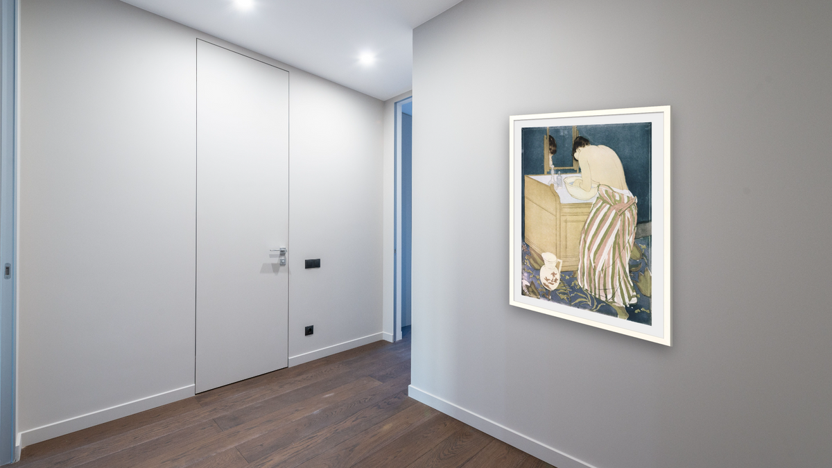 Woman Washing Hands by Mary Cassatt, shown at 30 × 40 in (76.2 × 101.6 cm) in Ramino Opaque White, hallway