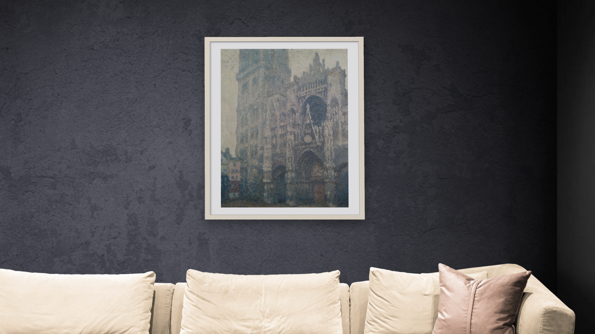 Rouen Cathedral, West Portal, Grey Weather by Claude Monet, shown at 30 × 40 in (76.2 × 101.6 cm) in Ramino Opaque White, living