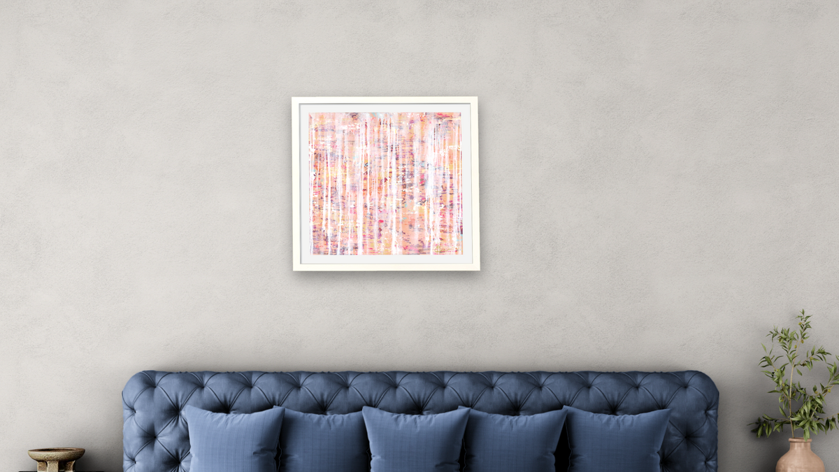 Princess Peach by Emily Herrera, shown at 24 × 24 in (61 × 61 cm) in Ramino Opaque White, bedroom