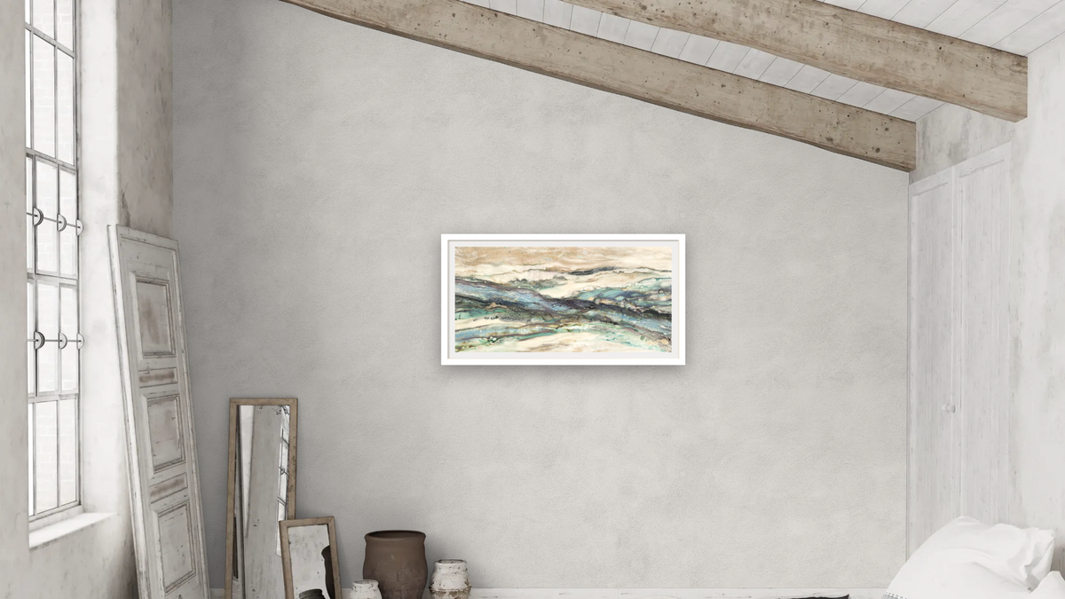 Land and Sea by Corrina Leidy, shown at 20 × 40 in (50.8 × 101.6 cm) in Ramino Opaque White, bedroom