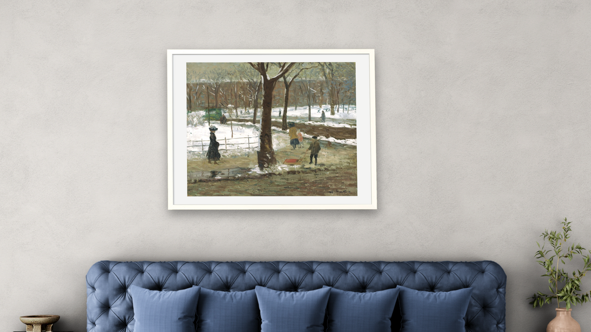 Washington Square by William James Glackens, shown at 32 × 40 in (81.3 × 101.6 cm) in Ramino Opaque White, bedroom