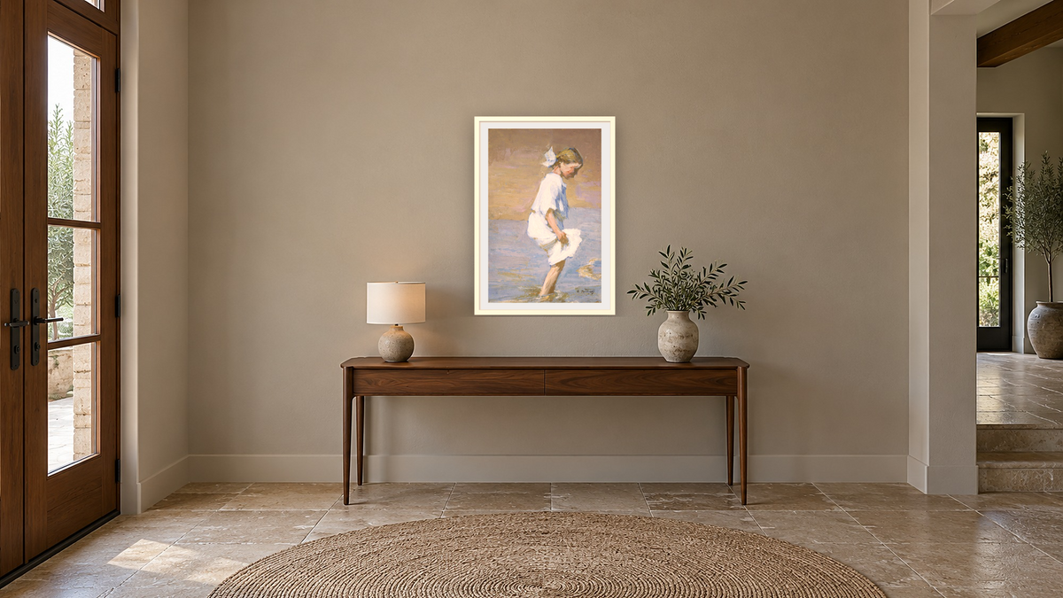 Wading At The Shore by Edward Henry Potthast I, shown at 28 × 42 in (71.1 × 106.7 cm) in Ramino Opaque White, hallway