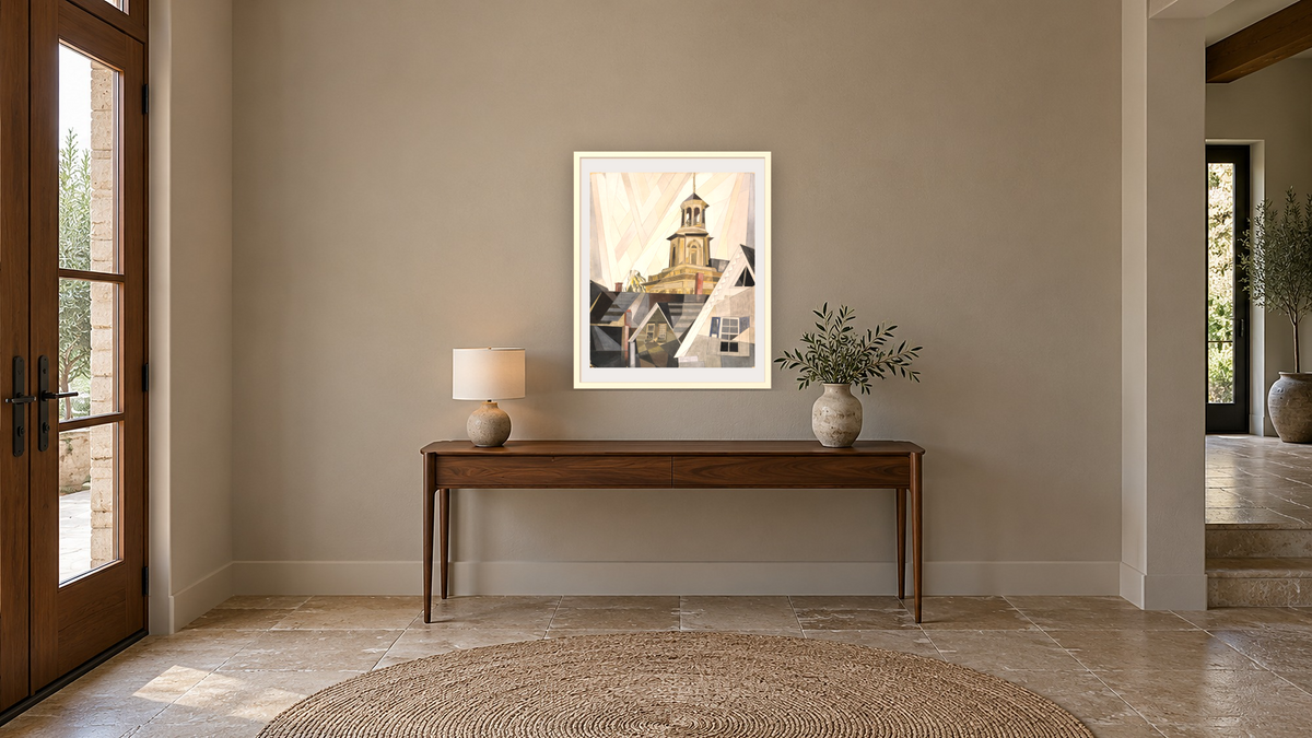 After Sir Christopher Wren by Charles Demuth, shown at 32 × 40 in (81.3 × 101.6 cm) in Ramino Opaque White, hallway