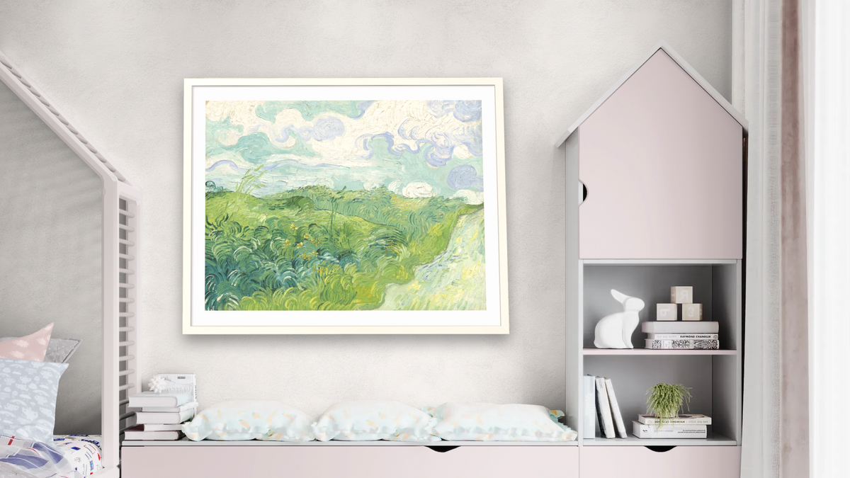 Green Wheat Fields, Auvers by Vincent van Gogh, shown at 32 × 40 in (81.3 × 101.6 cm) in Ramino Opaque White, bedroom