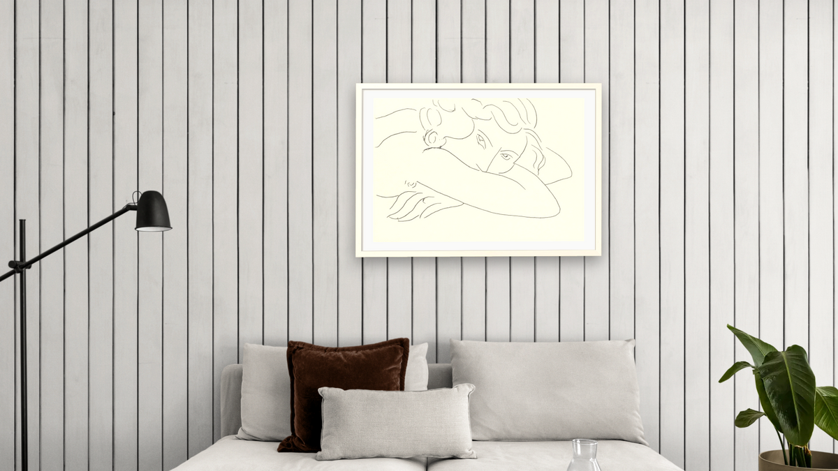 Young Woman with Face Buried in Arms (Jeune femme le visage enfoui dans les bras) by Henri Matisse, shown at 28 × 42 in (71.1 × 106.7 cm) in Ramino Opaque White, living