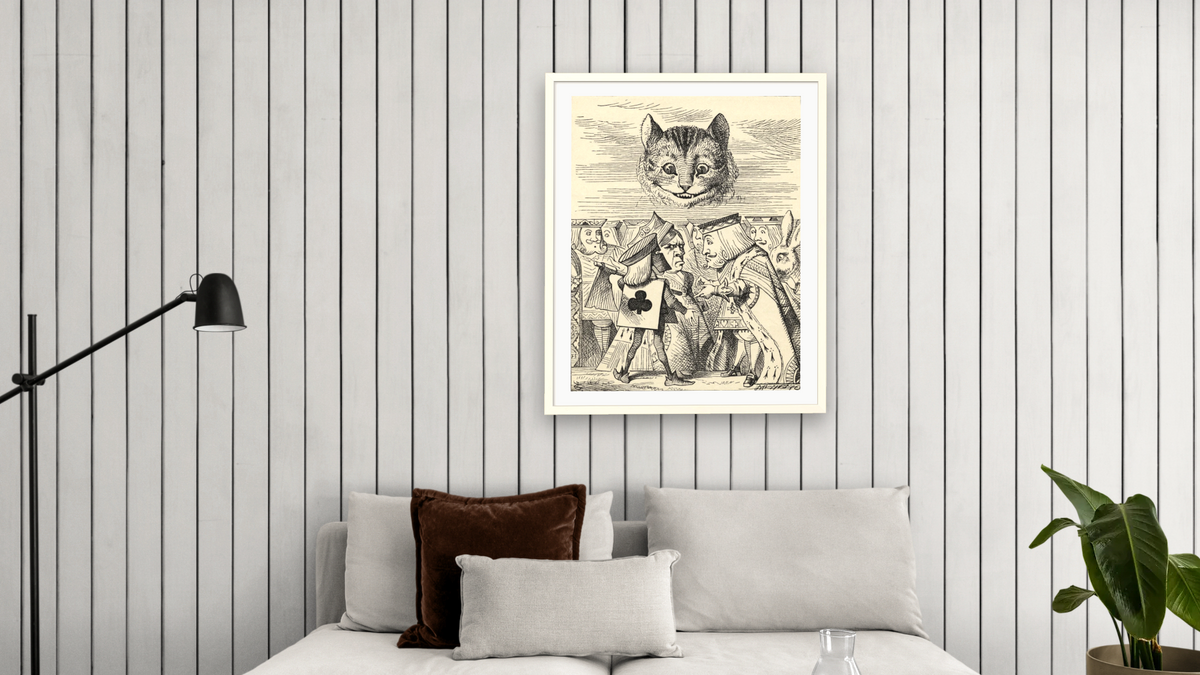 The King of Hearts arguing with the Executioner, from 'Alice's Adventures in Wonderland' by Lewis Carroll by John Tenniel, shown at 32 × 40 in (81.3 × 101.6 cm) in Ramino Opaque White, living