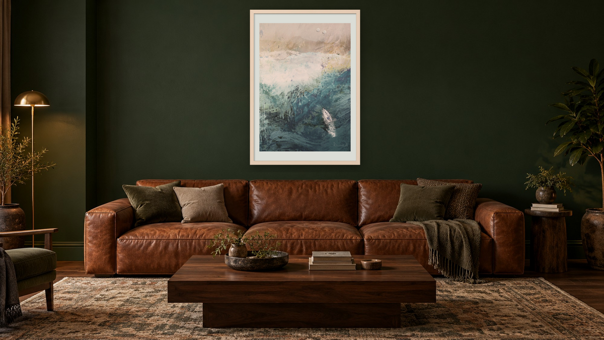 Azure Walk by Dan Hobday, shown at 28 × 42 in (71.1 × 106.7 cm) in Ramino Opaque White, den
