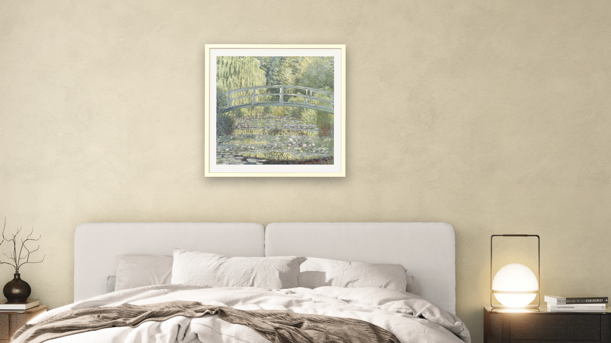 Le Bassin aux nympheas: harmonie verte by Claude Monet, shown at 32 × 32 in (81.3 × 81.3 cm) in Ramino Opaque White, bedroom
