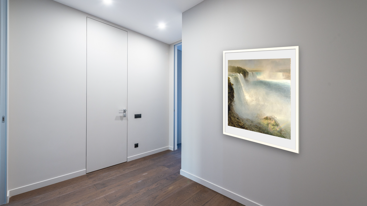 Niagara Falls, from the American Side by Frederic Edwin Church, shown at 32 × 40 in (81.3 × 101.6 cm) in Ramino Opaque White, hallway