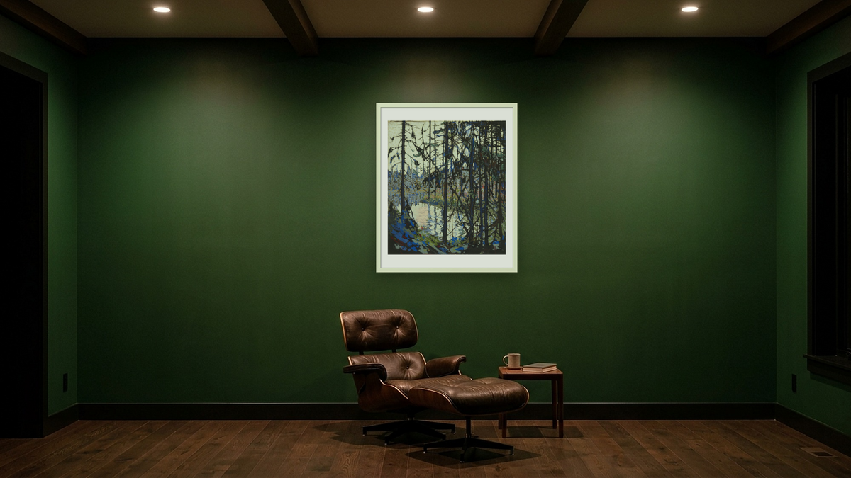 Study for "Northern River" by Tom Thomson, shown at 32 × 40 in (81.3 × 101.6 cm) in Ramino Opaque White, den