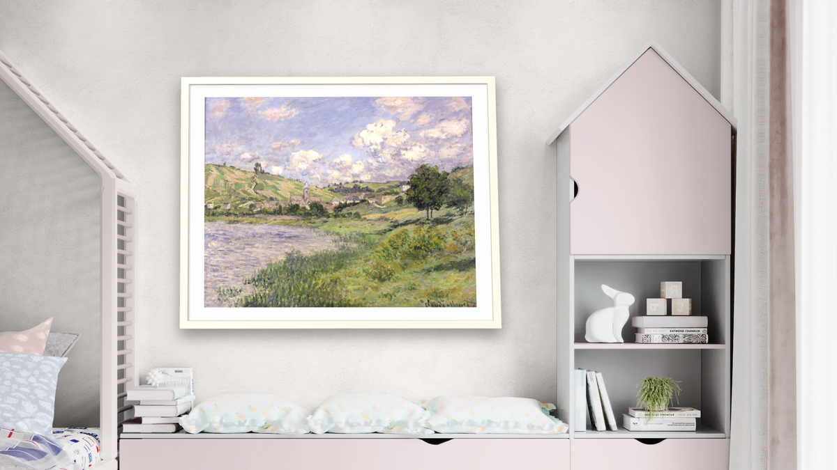Landscape, Vetheuil by Claude Monet, shown at 32 × 40 in (81.3 × 101.6 cm) in Ramino Opaque White, bedroom