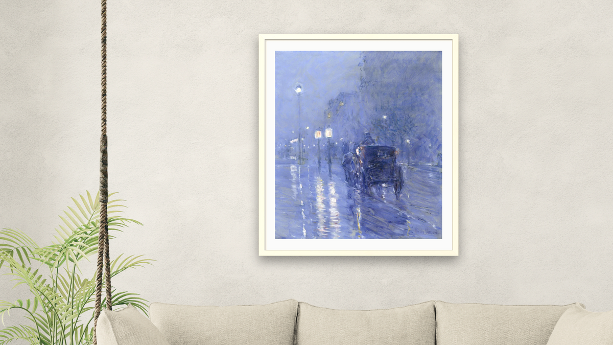 Rainy Midnight by Childe Hassam, shown at 32 × 40 in (81.3 × 101.6 cm) in Ramino Opaque White, living