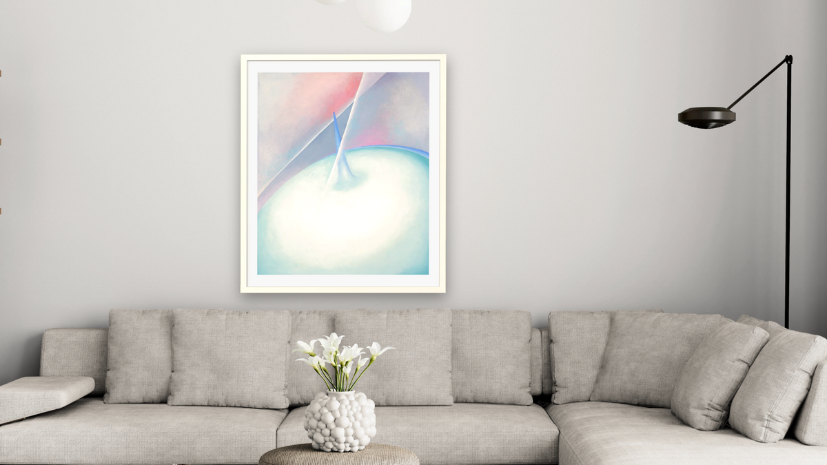 Series I, No. 7 by Georgia O'Keeffe, shown at 32 × 40 in (81.3 × 101.6 cm) in Ramino Opaque White, living