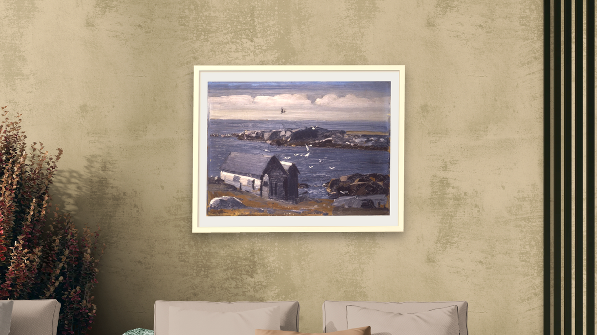 The Gulls, Monhegan by George Bellows, shown at 30 × 40 in (76.2 × 101.6 cm) in Ramino Opaque White, living