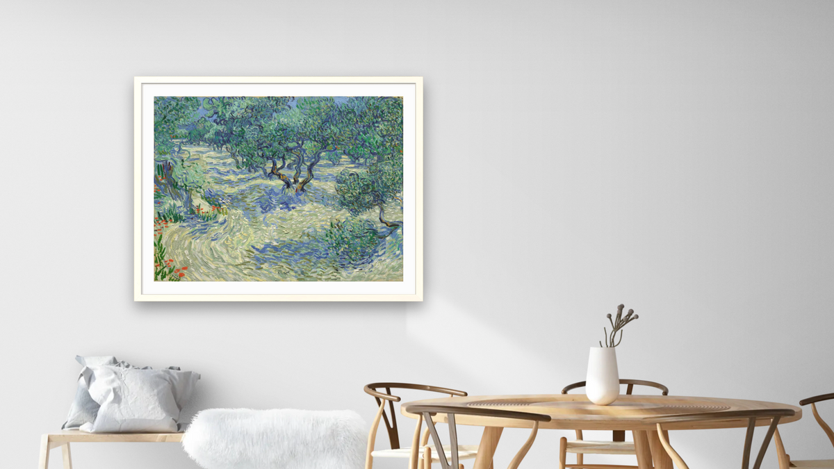 Olive Trees by Vincent van Gogh, shown at 32 × 40 in (81.3 × 101.6 cm) in Ramino Opaque White, dining