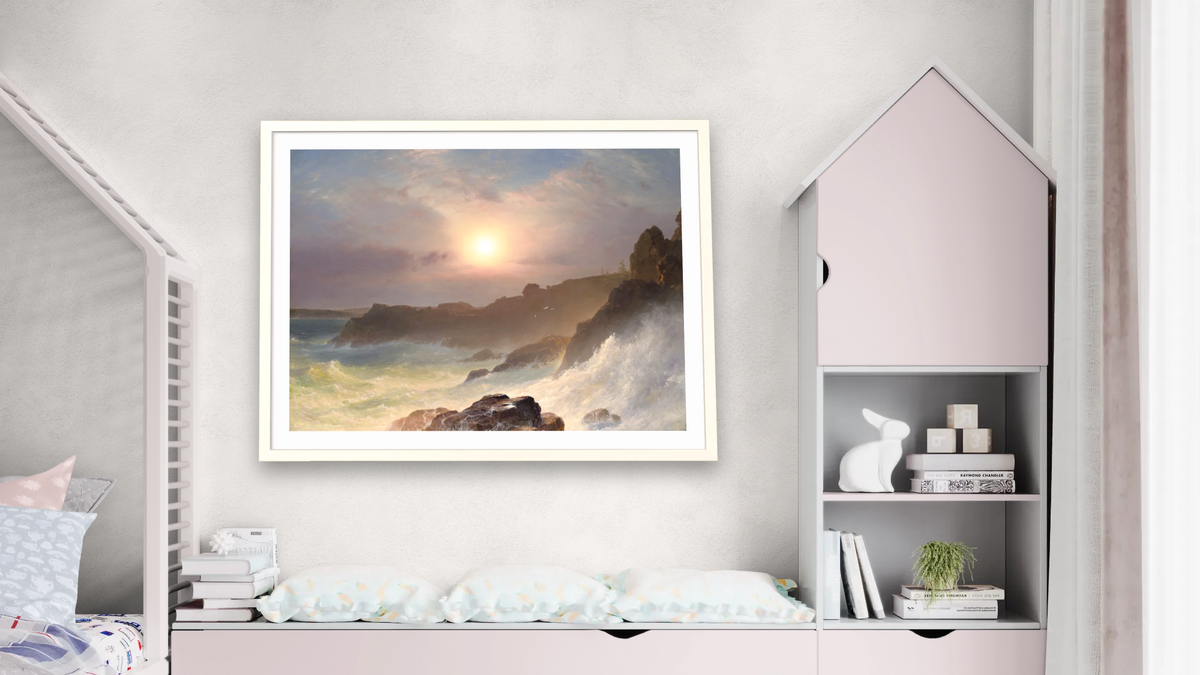 Coast Scene, Mount Desert Sunrise off the Maine Coast by Frederic Edwin Church, shown at 30 × 40 in (76.2 × 101.6 cm) in Ramino Opaque White, bedroom