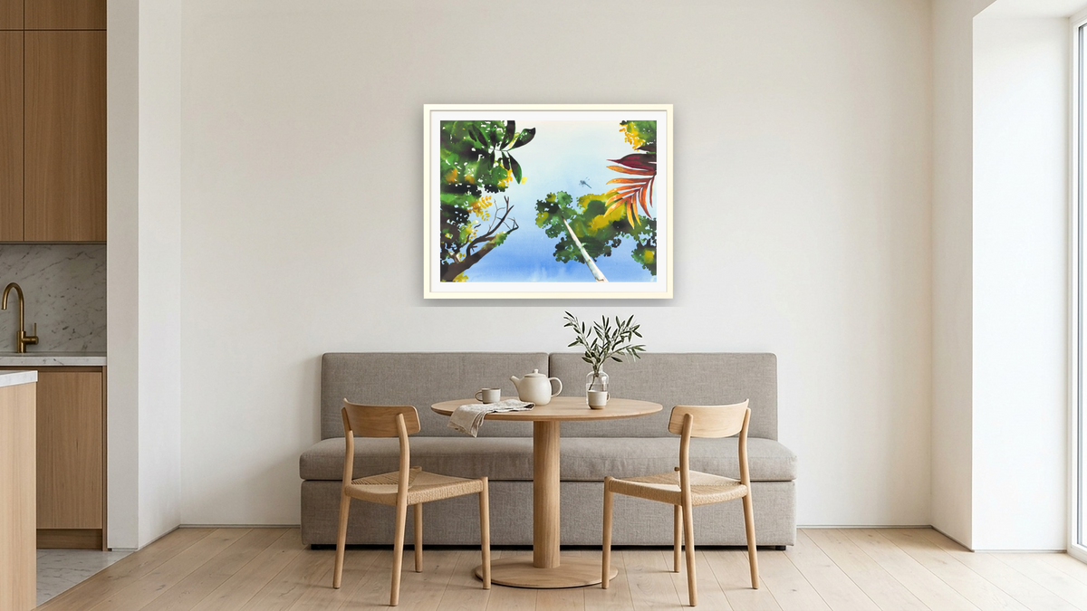 Clearing by Alexis Rockman, shown at 30 × 40 in (76.2 × 101.6 cm) in Ramino Opaque White, kitchen