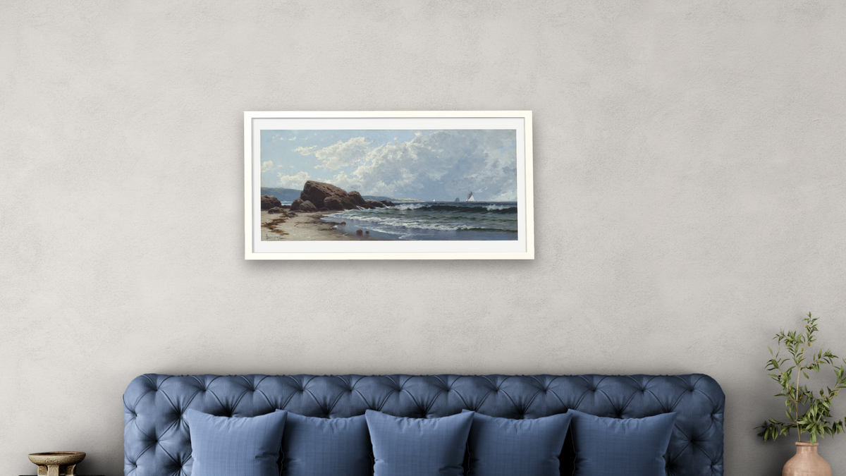 Low Tide, Hetherington's Cove, Grand Manan by Alfred Thompson Bricher, shown at 20 × 40 in (50.8 × 101.6 cm) in Ramino Opaque White, bedroom