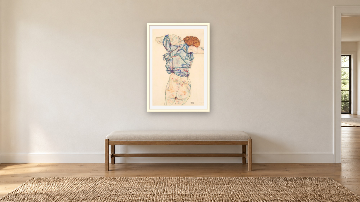 Woman Undressing by Egon Schiele, shown at 28 × 42 in (71.1 × 106.7 cm) in Ramino Opaque White, hallway
