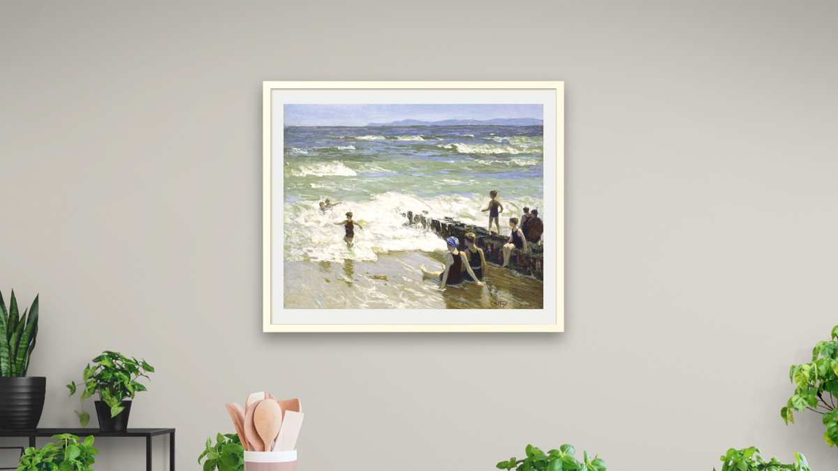 Bathers at Breakwater by Edward Henry Potthast, shown at 32 × 40 in (81.3 × 101.6 cm) in Ramino Opaque White, dining