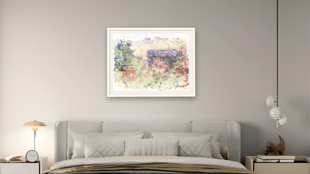 The House Through The Roses by Claude Monet, shown at 30 × 40 in (76.2 × 101.6 cm) in Ramino Opaque White, bedroom