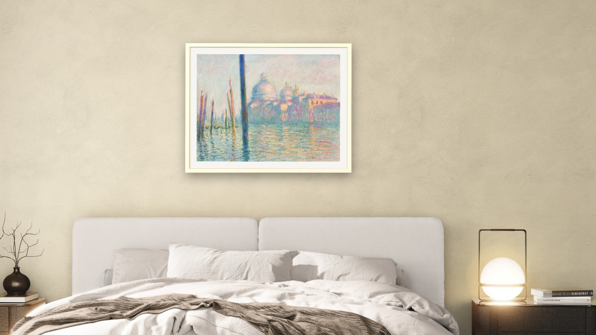 Le Grand Canal, Venice by Claude Monet, shown at 32 × 40 in (81.3 × 101.6 cm) in Ramino Opaque White, bedroom