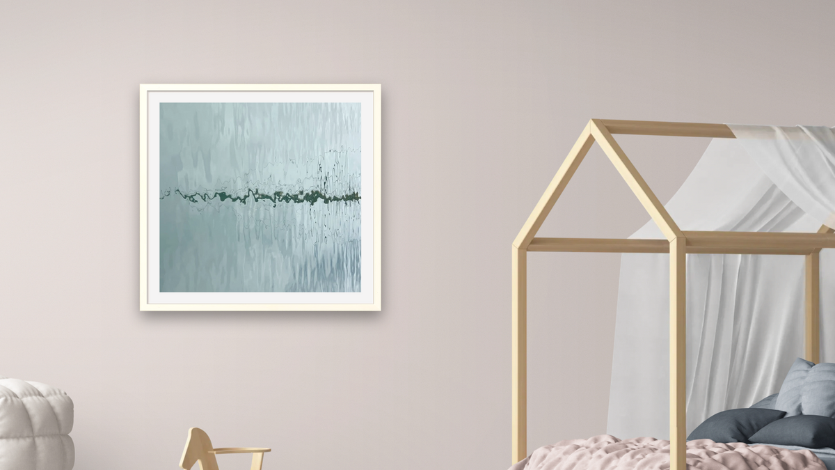 Soften and Thaw by Judith Rayl, shown at 32 × 32 in (81.3 × 81.3 cm) in Ramino Opaque White, bedroom