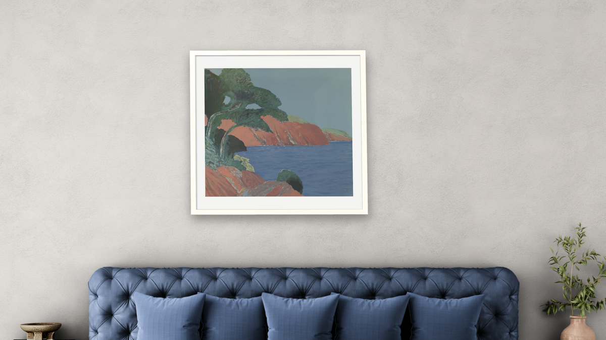 Cliffs of the South of France by Roger Mühl, shown at 32 × 32 in (81.3 × 81.3 cm) in Ramino Opaque White, bedroom