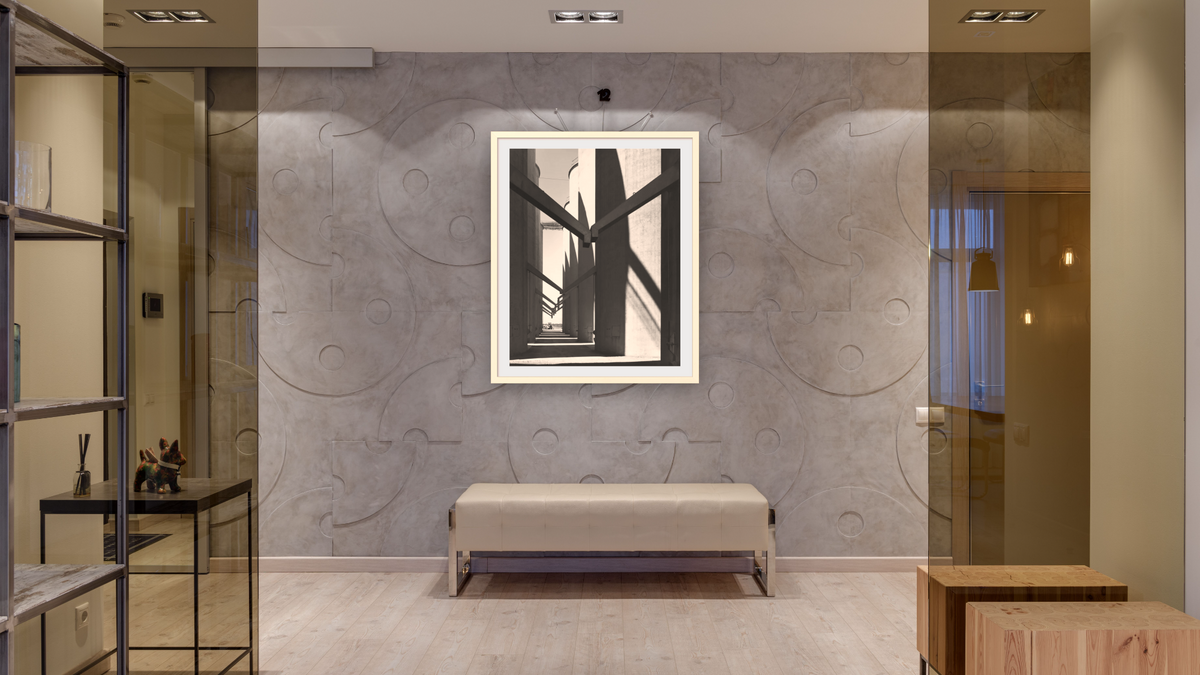 Strain Warehouse #11 by Gordon Osmundson, shown at 32 × 40 in (81.3 × 101.6 cm) in Ramino Opaque White, hallway