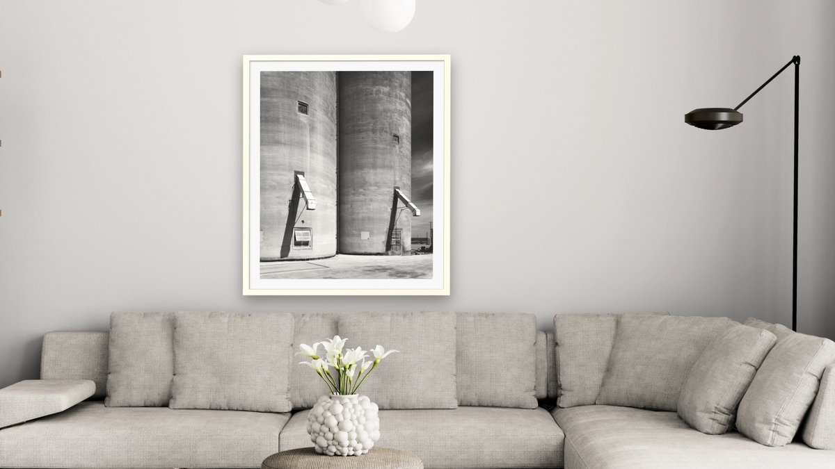 Depue Warehouse #4 by Gordon Osmundson, shown at 32 × 40 in (81.3 × 101.6 cm) in Ramino Opaque White, living