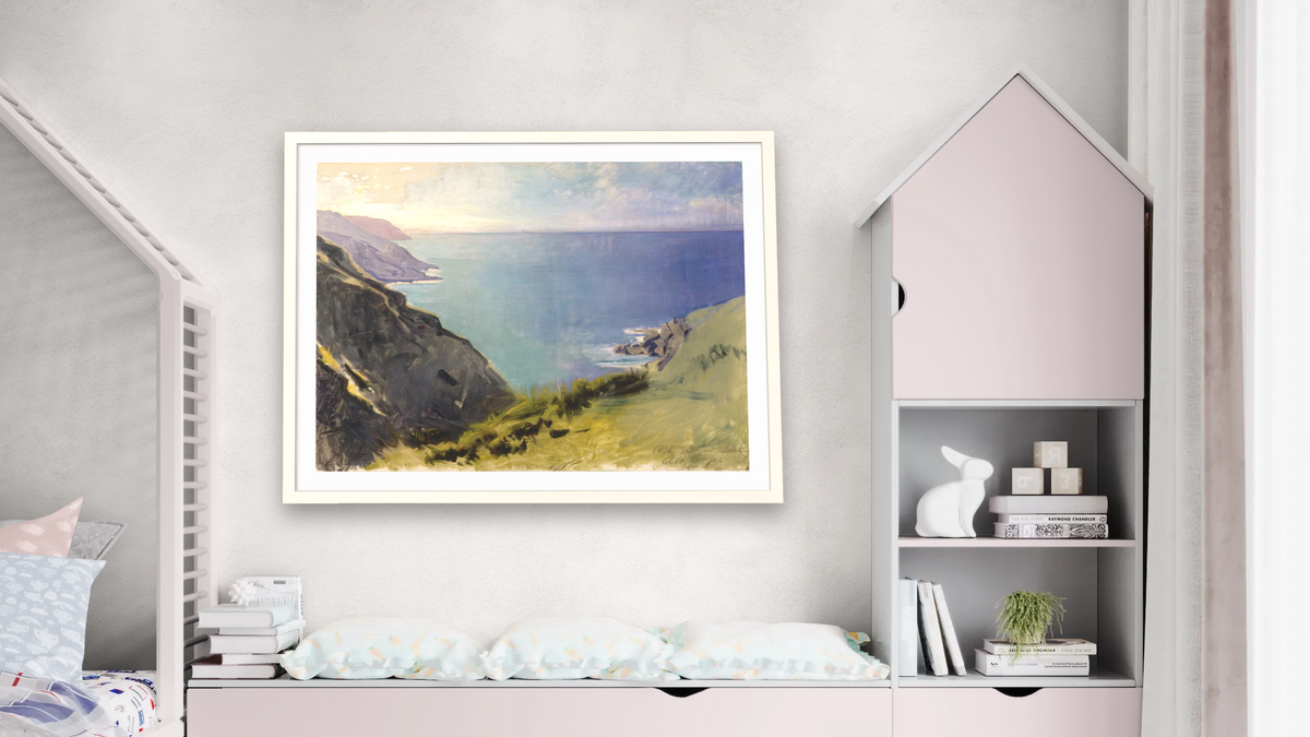 Cornish Headlands by Abbott Handerson Thayer, shown at 30 × 40 in (76.2 × 101.6 cm) in Ramino Opaque White, bedroom