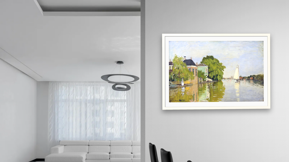 Houses on the Achterzaan by Claude Monet, shown at 28 × 42 in (71.1 × 106.7 cm) in Ramino Opaque White, dining
