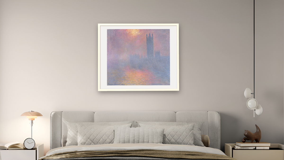 The Houses of Parliament, London, with the sun breaking through the fog by Claude Monet, shown at 32 × 40 in (81.3 × 101.6 cm) in Ramino Opaque White, bedroom