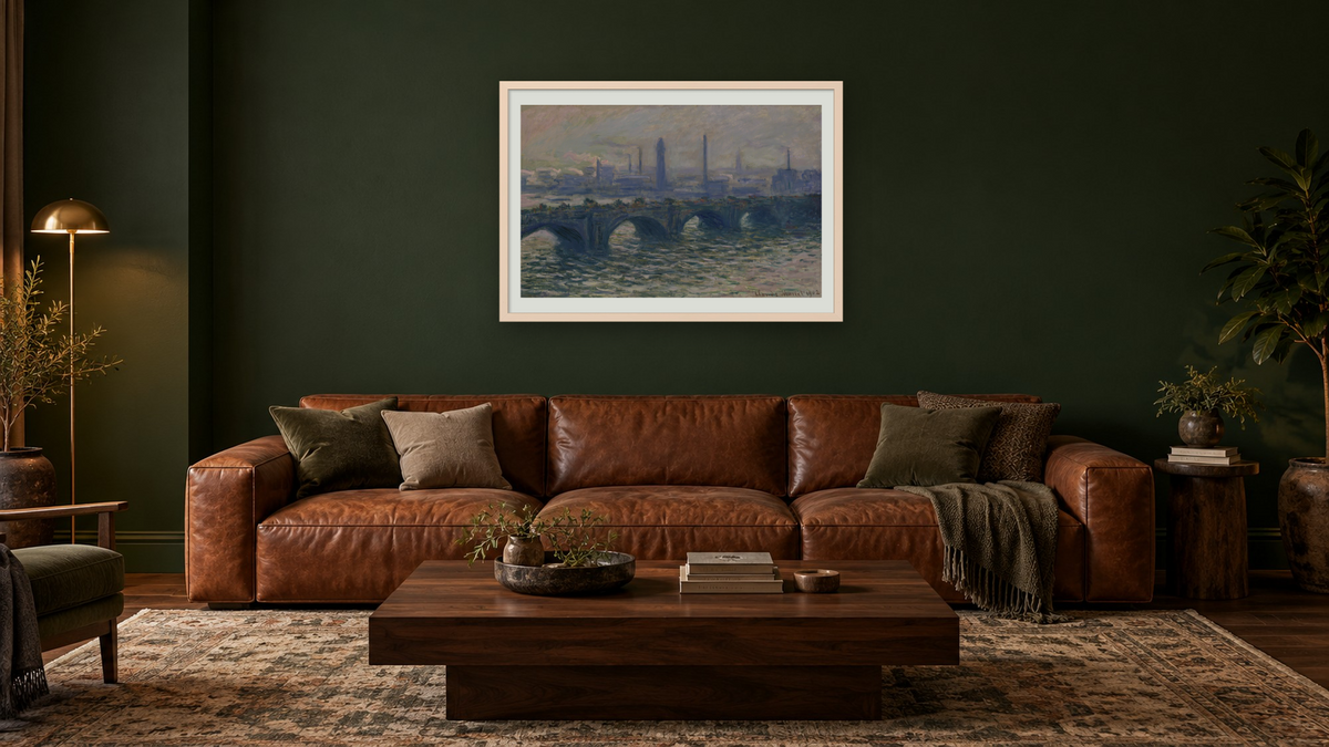 Waterloo Bridge by Claude Monet, shown at 28 × 42 in (71.1 × 106.7 cm) in Ramino Opaque White, den