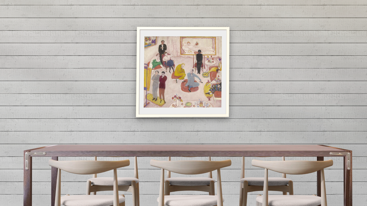 Studio Party (Soirée) by Florine Stettheimer, shown at 32 × 32 in (81.3 × 81.3 cm) in Ramino Opaque White, dining