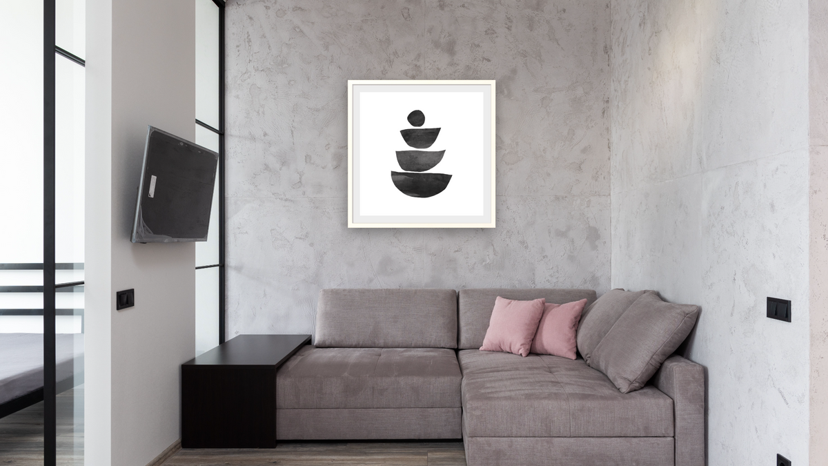 Mono Shapes 3 by Dan Hobday, shown at 32 × 32 in (81.3 × 81.3 cm) in Ramino Opaque White, media room