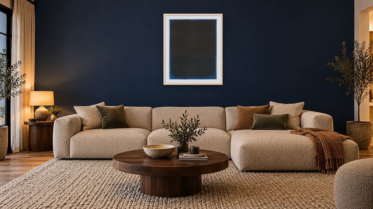 Untitled by Mark Rothko, shown at 32 × 40 in (81.3 × 101.6 cm) in Ramino Opaque White, media room