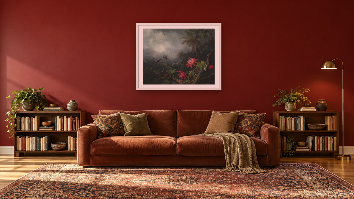 Passion Flowers with Three Hummingbirds by Martin Johnson Heade, shown at 30 × 40 in (76.2 × 101.6 cm) in Ramino Opaque White, library