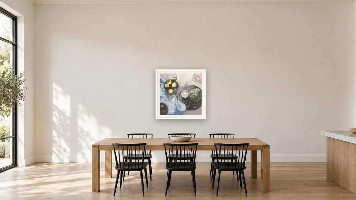 Lemons and Artichokes, shown at 32 × 32 in (81.3 × 81.3 cm) in Ramino Opaque White, kitchen