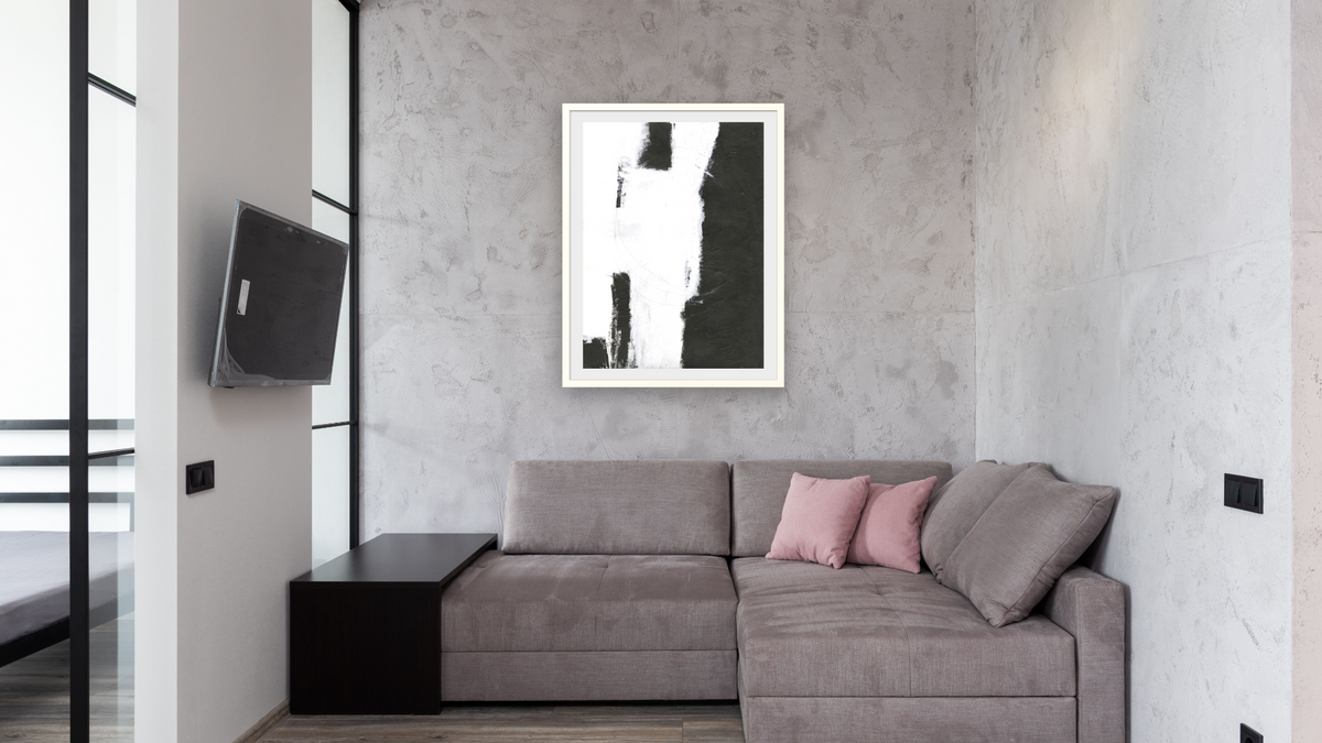No. 365 by Michelle Oppenheimer, shown at 30 × 40 in (76.2 × 101.6 cm) in Ramino Opaque White, media room