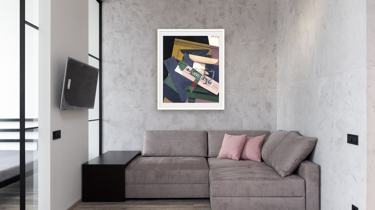 Les Raisins by Juan Gris, shown at 32 × 40 in (81.3 × 101.6 cm) in Ramino Opaque White, media room