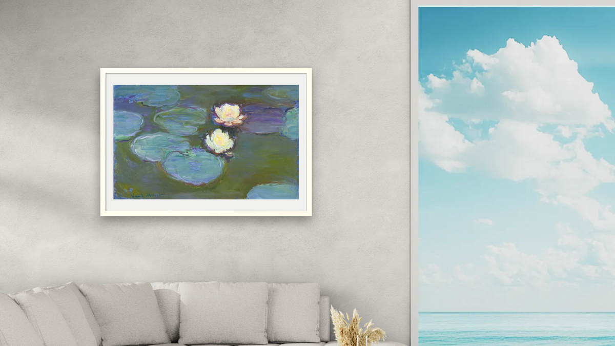 Nympheas by Claude Monet, shown at 28 × 42 in (71.1 × 106.7 cm) in Ramino Opaque White, living