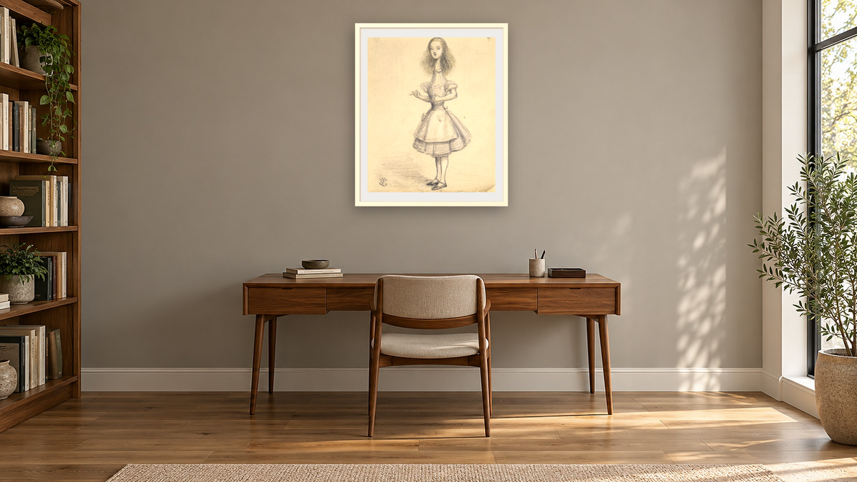 Alice In Wonderland: Curiouser and Curiouser by John Tenniel, shown at 32 × 40 in (81.3 × 101.6 cm) in Ramino Opaque White, library